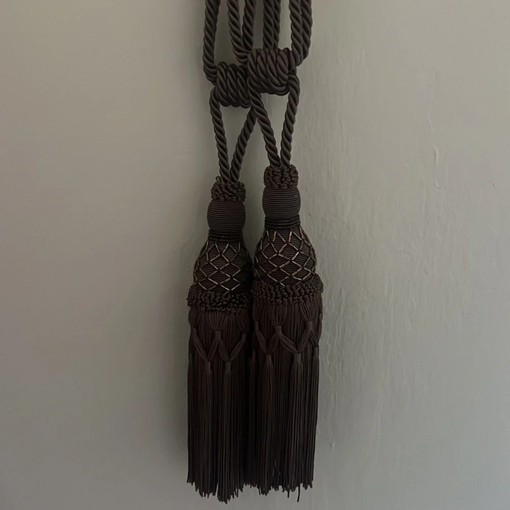 Set of 2 brown curtain tie tassels with copper beads detail approx 24” like new